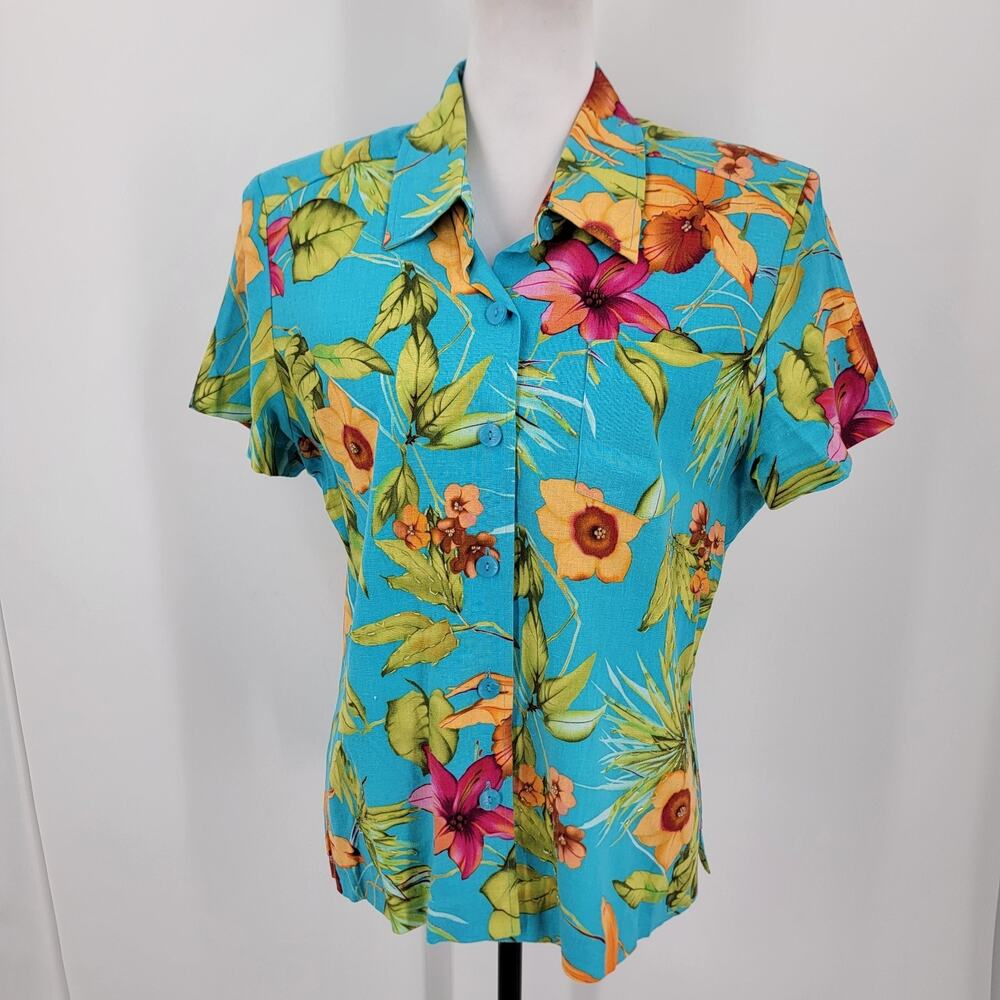 Miss Dorby Top Womens Petite 14P Floral Beaded Linen Blend Shoulder Pads Vintage
